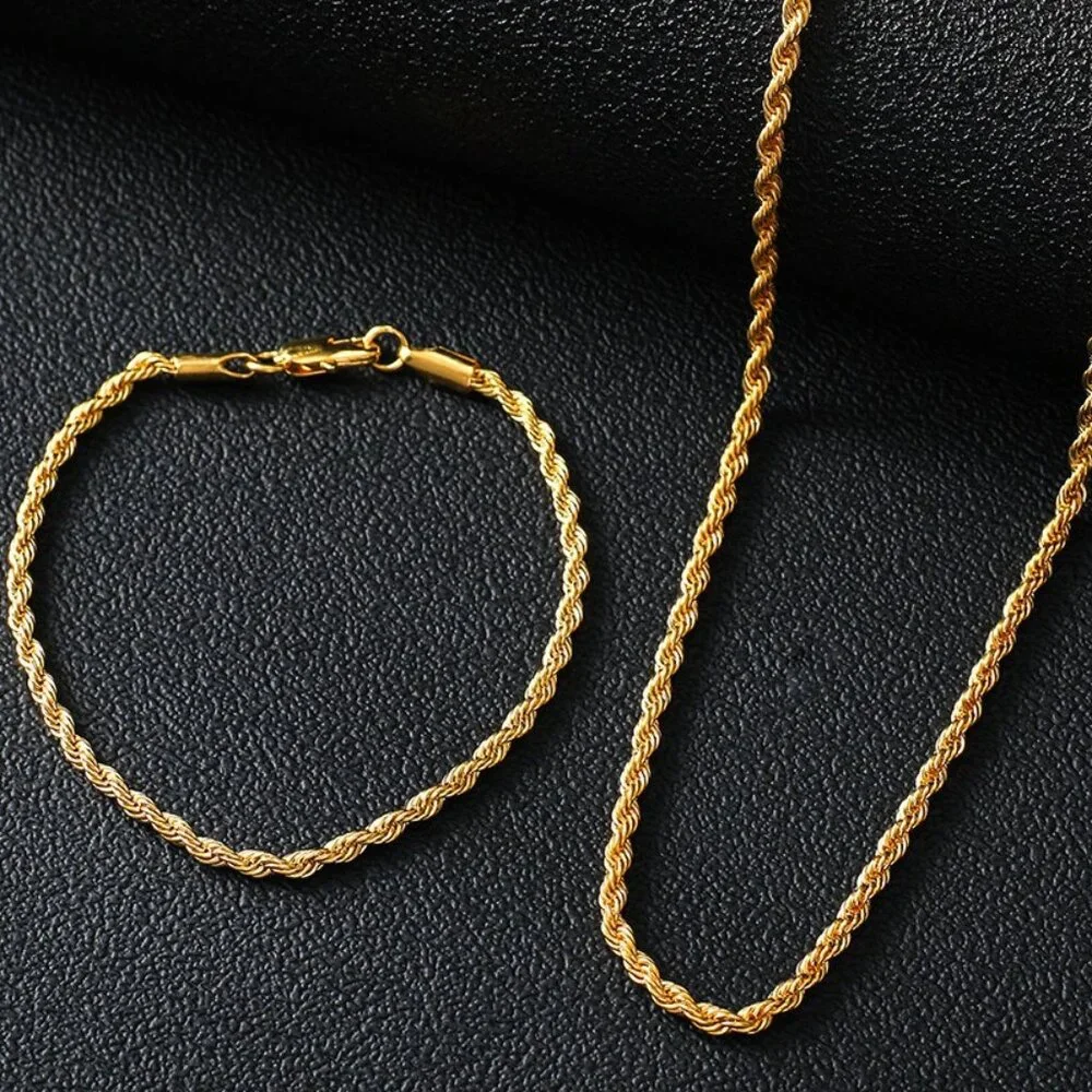 ⭐ 2pc. Diamond Cut Rope Set 22" Chain and 7.75" Bracelet 4mm Wide 18K Gold ⭐ - Picture 1 of 7